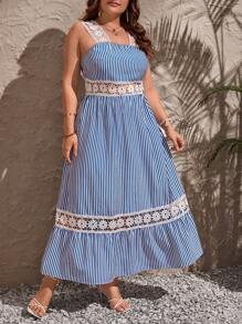 SHEIN VCAY Đầm Plus Size Viên lá sen Tương phản ren Sọc Giải trí - Xanh và trắng - Xem 1