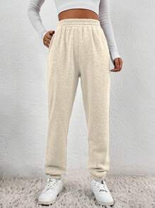 SHEIN EZwear Solid Slant Pocket Elastic Waist Joggers - Apricot - View 3