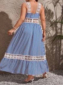 SHEIN VCAY Đầm Plus Size Viên lá sen Tương phản ren Sọc Giải trí - Xanh và trắng - Xem 2