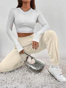 SHEIN EZwear Solid Slant Pocket Elastic Waist Joggers - Apricot - View 4