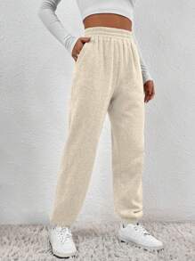 SHEIN EZwear Solid Slant Pocket Elastic Waist Joggers - Apricot - View 5