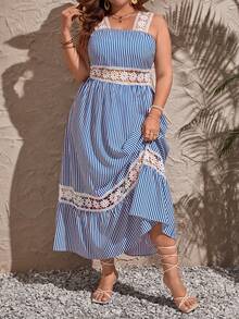 SHEIN VCAY Đầm Plus Size Viên lá sen Tương phản ren Sọc Giải trí - Xanh và trắng - Xem 4