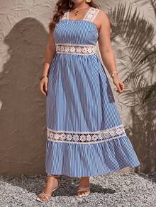 SHEIN VCAY Đầm Plus Size Viên lá sen Tương phản ren Sọc Giải trí - Xanh và trắng - Xem 5