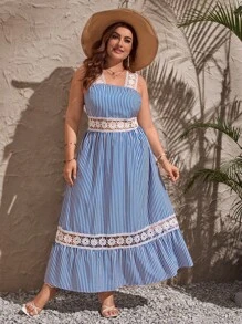 SHEIN VCAY Đầm Plus Size Viên lá sen Tương phản ren Sọc Giải trí - Xanh và trắng - Xem 6