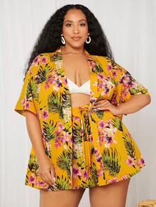 SHEIN CURVE+ 大碼熱帶圖案和服罩衫和前繫帶短褲 - 彩色 - 查看 4