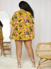 SHEIN CURVE+ 大碼熱帶圖案和服罩衫和前繫帶短褲 - 彩色 - 查看 2