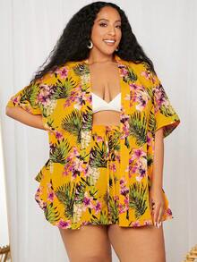 SHEIN CURVE+ 大碼熱帶圖案和服罩衫和前繫帶短褲 - 彩色 - 查看 5
