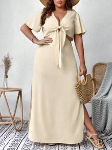 SHEIN VCAY Plus Knot Front Cut Out Split Thigh Summer Dress - Apricot - View 1