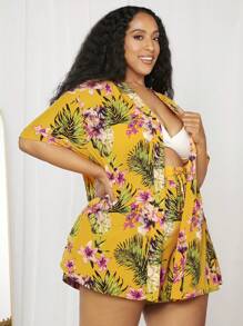 SHEIN CURVE+ 大碼熱帶圖案和服罩衫和前繫帶短褲 - 彩色 - 查看 6