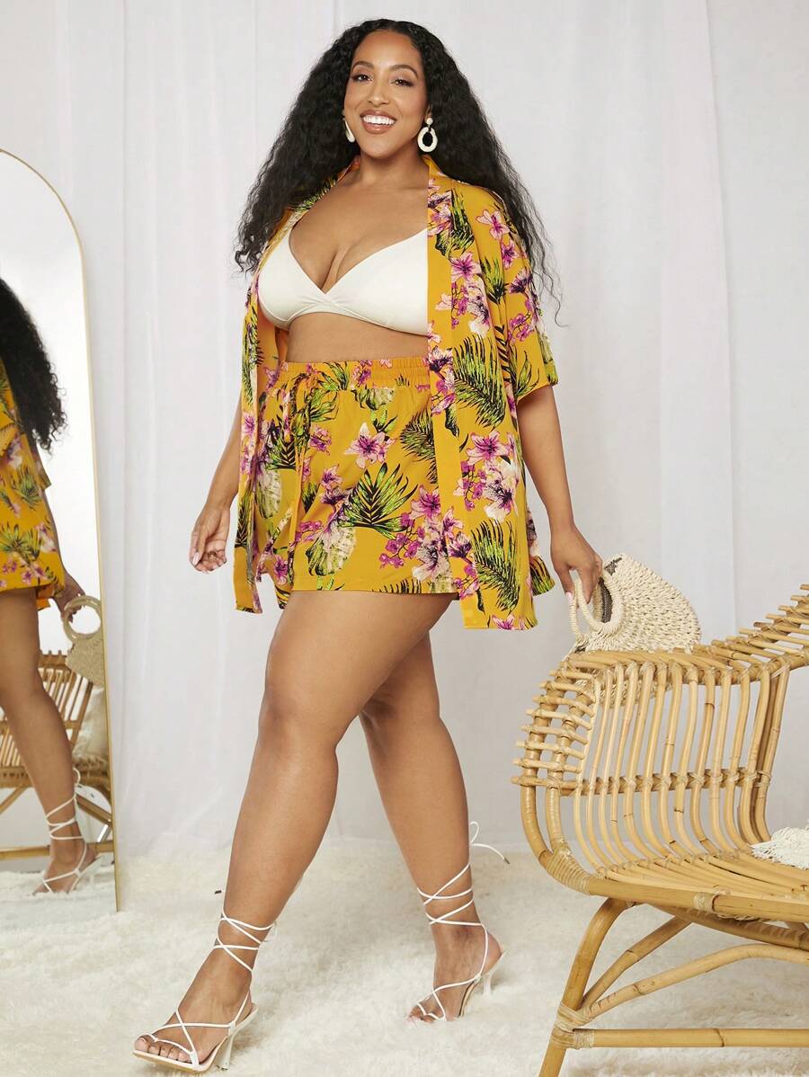 SHEIN CURVE+ 大碼熱帶圖案和服罩衫和前繫帶短褲 - 彩色 - 查看 1