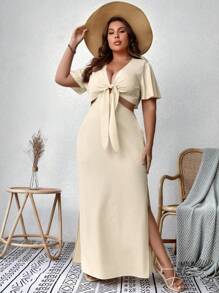 SHEIN VCAY Plus Knot Front Cut Out Split Thigh Summer Dress - Apricot - View 6