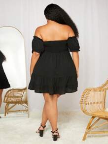 SHEIN CURVE+ Đầm Plus Size Viên lá sen viền lá sen Dải chun màu trơn Boho - màu đen - Xem 2