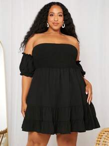 SHEIN CURVE+ Đầm Plus Size Viên lá sen viền lá sen Dải chun màu trơn Boho - màu đen - Xem 5