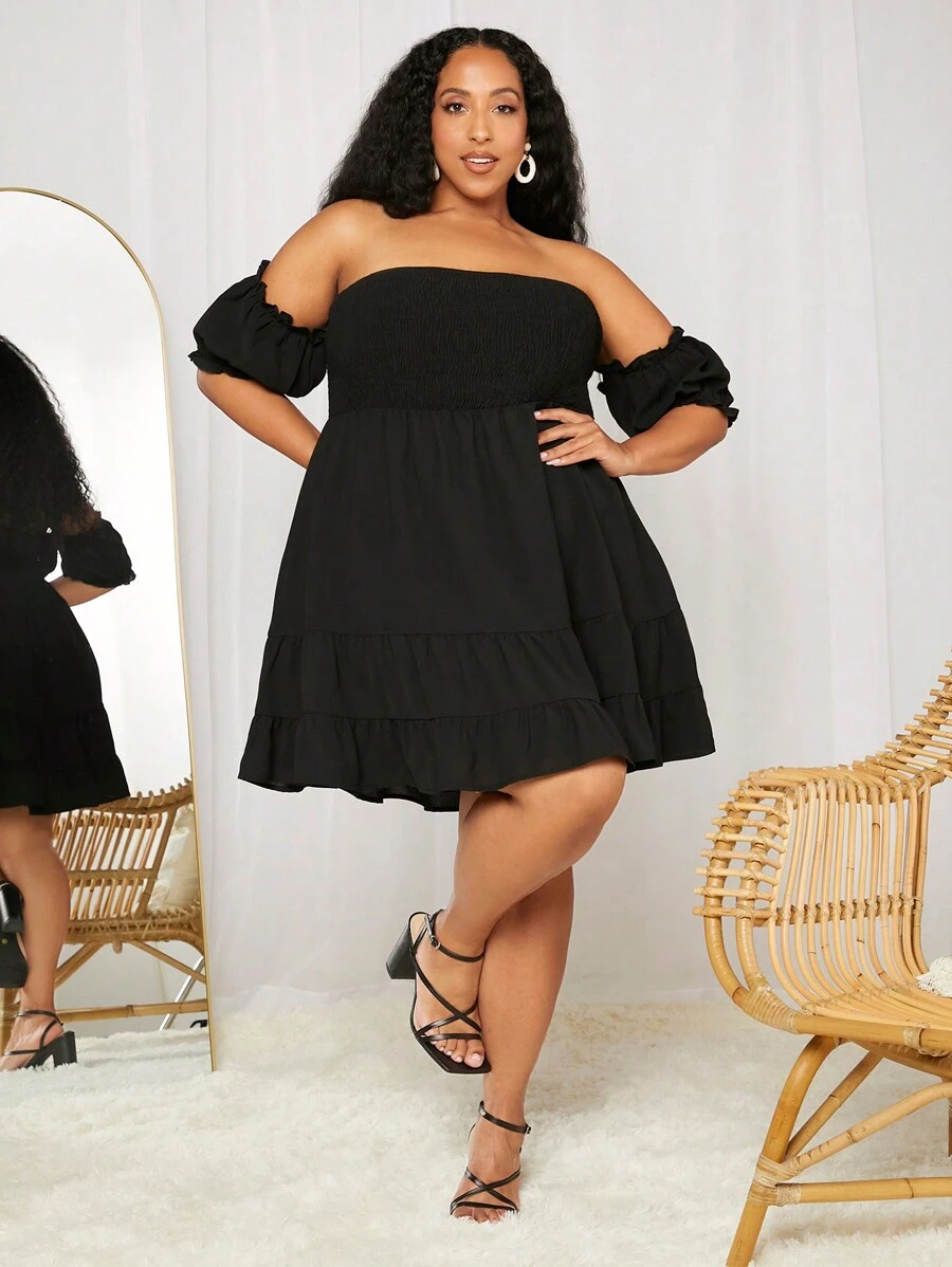 SHEIN CURVE+ Đầm Plus Size Viên lá sen viền lá sen Dải chun màu trơn Boho - màu đen - Xem 1