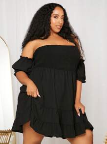 SHEIN CURVE+ Đầm Plus Size Viên lá sen viền lá sen Dải chun màu trơn Boho - màu đen - Xem 6