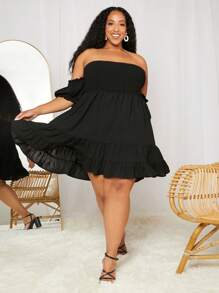 SHEIN CURVE+ Đầm Plus Size Viên lá sen viền lá sen Dải chun màu trơn Boho - màu đen - Xem 3