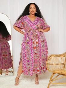 SHEIN CURVE+ Đầm Plus Size Trọn gói Tách cao Thắt lưng Bộ lạc Boho - Nhiều màu - Xem 3