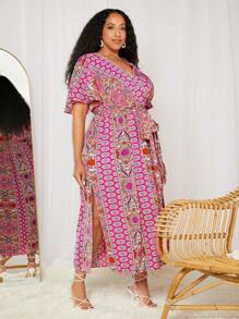 SHEIN CURVE+ Đầm Plus Size Trọn gói Tách cao Thắt lưng Bộ lạc Boho - Nhiều màu - Xem 4