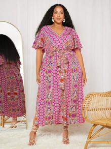 SHEIN CURVE+ Đầm Plus Size Trọn gói Tách cao Thắt lưng Bộ lạc Boho - Nhiều màu - Xem 6