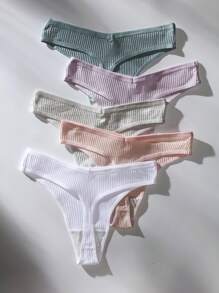 Shein Underwear&Sleepwear Basics 5 paquetes de tangas de punto acanalado con detalles de parches con letras sexy