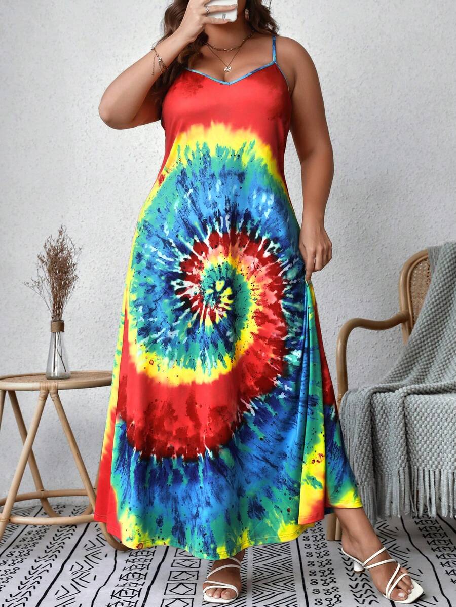 SHEIN VCAY Plus Tie Dye Cami Dress - Multicolor - View 1