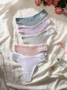 Shein Underwear&Sleepwear Basics 5 paquetes de tangas de punto acanalado con detalles de parches con letras sexy