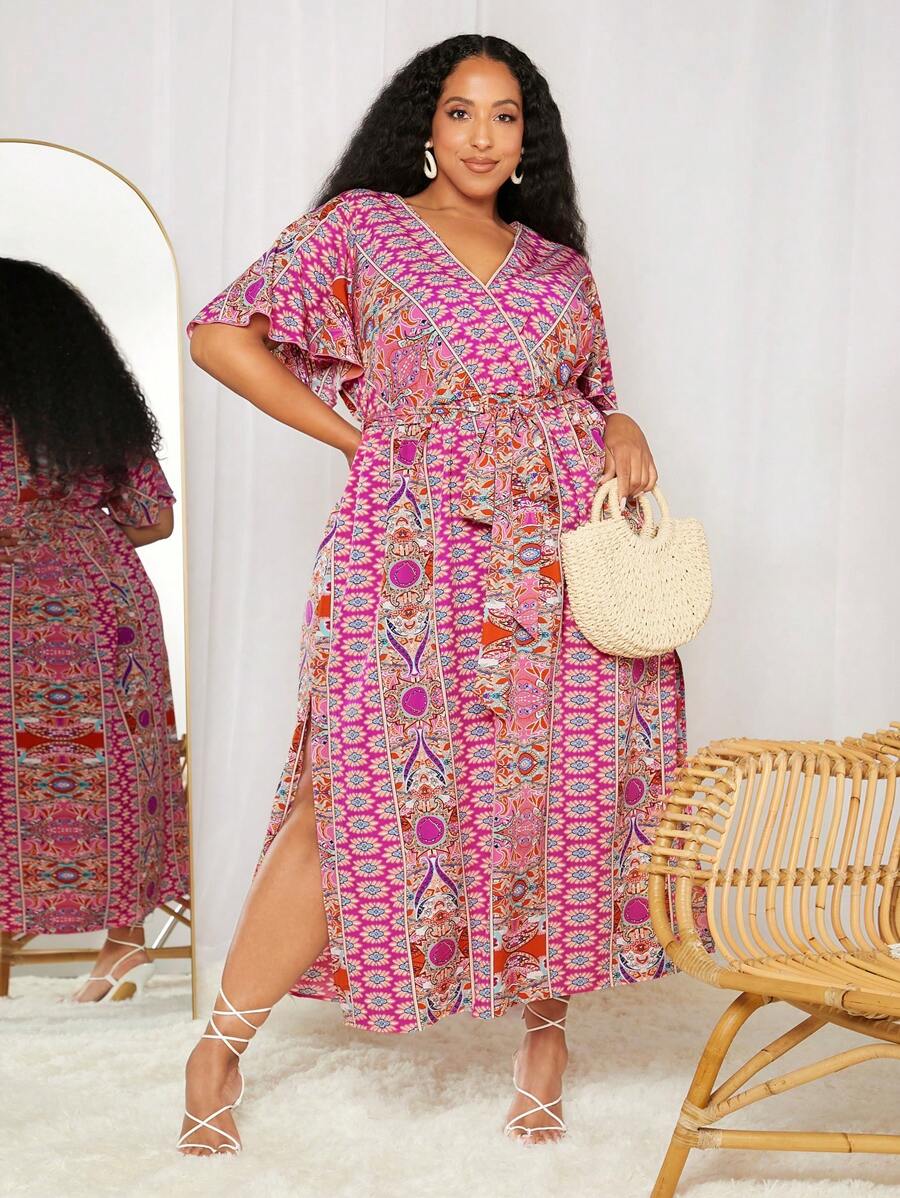 SHEIN CURVE+ Đầm Plus Size Trọn gói Tách cao Thắt lưng Bộ lạc Boho - Nhiều màu - Xem 1