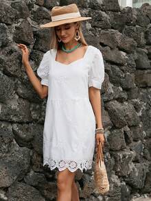 GENKIRA Đầm Sò điệp Tranh thêu màu trơn Dễ thương - trắng - Xem 3