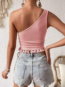 SHEIN VCAY One Shoulder Tassel Trim Waffle Knit Crop Top - Pink - View 2