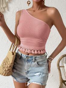SHEIN VCAY One Shoulder Tassel Trim Waffle Knit Crop Top - Pink - View 3