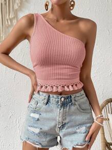 SHEIN VCAY One Shoulder Tassel Trim Waffle Knit Crop Top - Pink - View 5