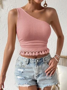 SHEIN VCAY One Shoulder Tassel Trim Waffle Knit Crop Top - Pink - View 6