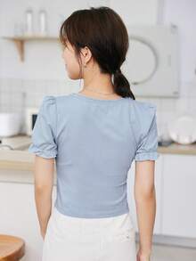 DAZY Camiseta unicolor con encaje en contraste de manga farol - Celeste - Ver 2