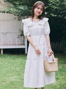 DAZY 泡泡袖荷叶边下摆连衣裙太阳裙 - 白色 - 查看 3