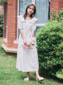 DAZY 泡泡袖荷叶边下摆连衣裙太阳裙 - 白色 - 查看 4