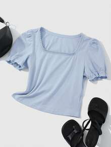 DAZY Camiseta unicolor con encaje en contraste de manga farol - Celeste - Ver 5