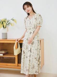 DAZY 印花泡泡袖繫腰帶連衣裙 - 米色 - 查看 5