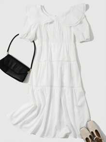 DAZY 泡泡袖荷叶边下摆连衣裙太阳裙 - 白色 - 查看 7