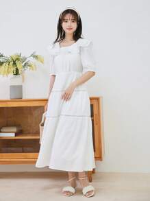 DAZY 泡泡袖荷叶边下摆连衣裙太阳裙 - 白色 - 查看 8