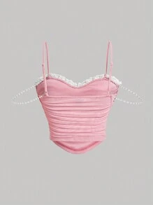 SHEIN MOD Top de tirantes con cuenta de perla fruncido - Rosa Pálido - Ver 9
