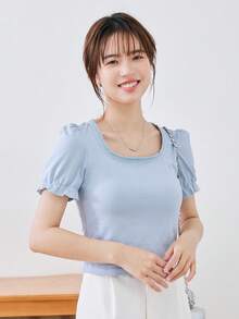 DAZY Camiseta unicolor con encaje en contraste de manga farol - Celeste - Ver 9