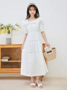 DAZY 泡泡袖荷叶边下摆连衣裙太阳裙 - 白色 - 查看 9