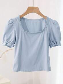 DAZY Camiseta unicolor con encaje en contraste de manga farol - Celeste - Ver 18