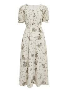 DAZY 印花泡泡袖繫腰帶連衣裙 - 米色 - 查看 10