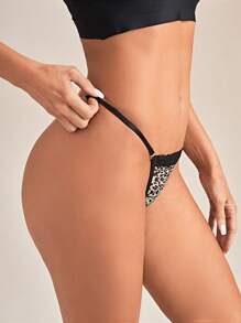 Leopard Print Contrast Lace Sexy G-String Lingerie - Multicolor - View 3