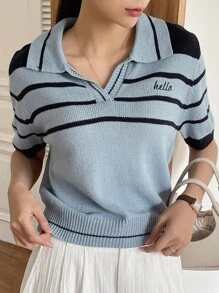 DAZY Mẫu sọc Thêu Chữ Knit ngọn - Màu xanh bụi bặm - Xem 6