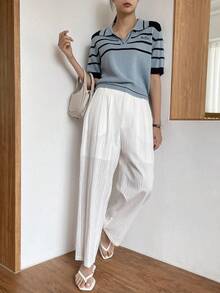 DAZY Mẫu sọc Thêu Chữ Knit ngọn - Màu xanh bụi bặm - Xem 4