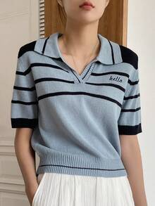 DAZY Mẫu sọc Thêu Chữ Knit ngọn - Màu xanh bụi bặm - Xem 5
