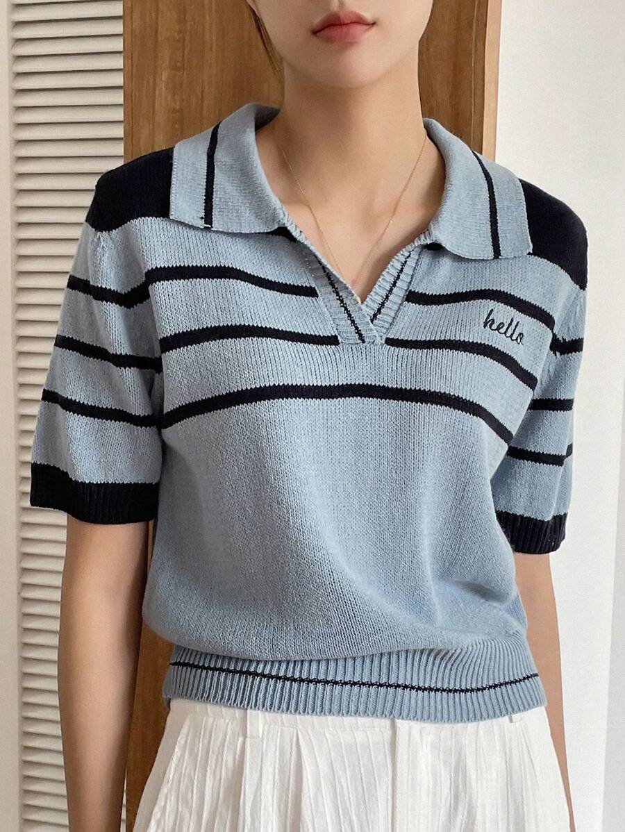 DAZY Mẫu sọc Thêu Chữ Knit ngọn - Màu xanh bụi bặm - Xem 1