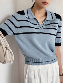 DAZY Mẫu sọc Thêu Chữ Knit ngọn - Màu xanh bụi bặm - Xem 8